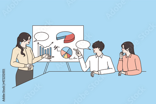 Marketing business presentation and coaching concept. Young positive colleagues sitting and listening to woman speaker coach making presentation about business strategy marketing vector illustration 