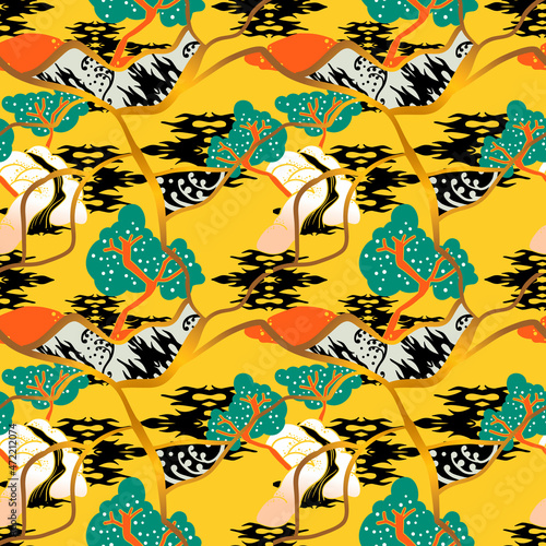 Bright seamless pattern in traditional japanese style. Asian art style lanscape. Patchwork or kintsugi vibes.