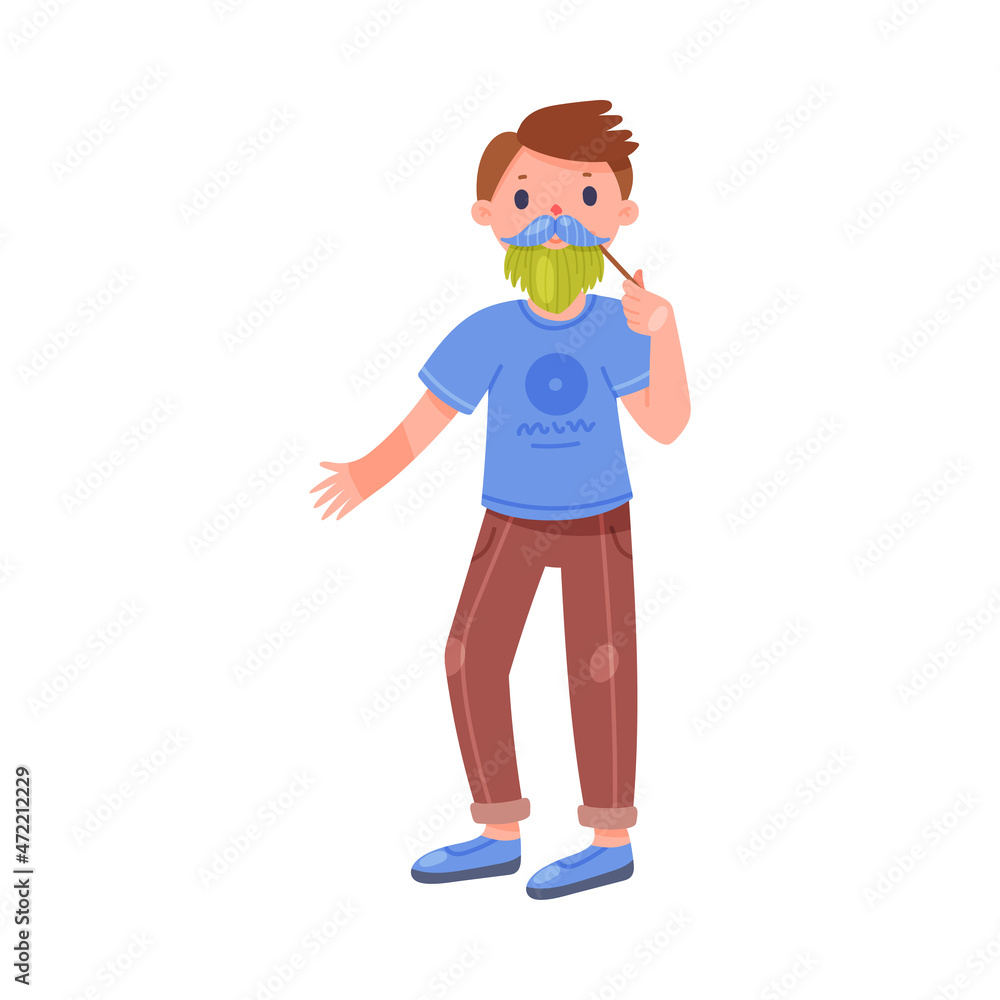 Young Man Character Holding Pole with Moustache as Party Birthday Photo Booth Prop Vector Illustration Young Man Character Holding Pole with Moustache as Party Birthday Photo Booth Prop Vector Illustration