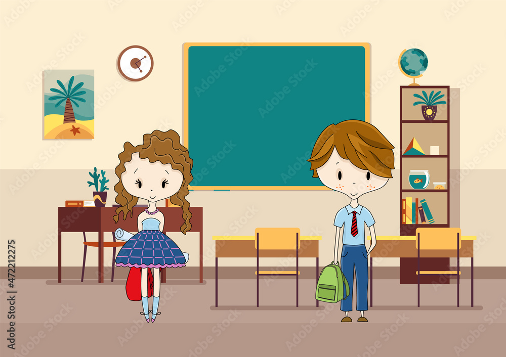 Classroom with pupils. Primary school kids. Modern interior for education. Boy and girl characters ready to study. Place to acquisition of knowledge Classroom with pupils. Primary school kids. Modern interior for education. Boy and girl characters ready to study. Place to acquisition of knowledge