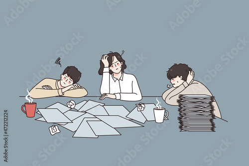 Feeling sleepy and tired concept. Group of young workers colleagues sitting with coffee at desk and heap of documents feeling sleepy and exhausted vector illustration 