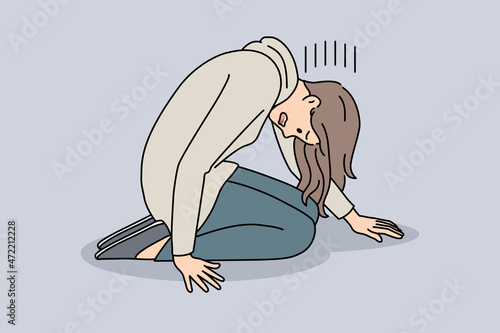 Upset young woman kneel down suffer from depression. Unhappy girl feel stressed broken struggle with psychological or mental illness. Healthcare, anxiety and panic. Flat vector illustration.
