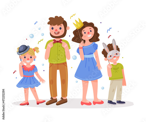 Family with Kids Wearing Party Birthday Photo Booth Props Standing and Smiling Vector Illustration
