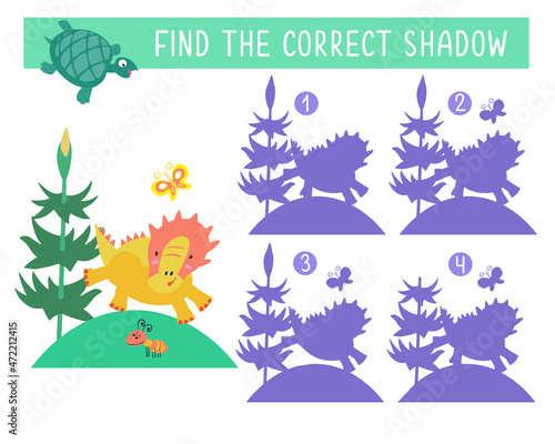 Find the correct shadow. Dino in Jurassic forest. Game for children. Activity, vector illustration. © AngArt