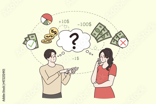 Family budget and savings concept. Young sad disappointed man and woman wife and husband standing counting finance money and feeling unhappy with lack of money vector illustration 