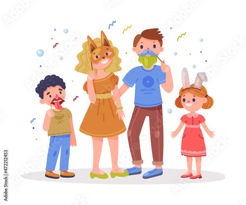 Family with Kids Wearing Party Birthday Photo Booth Props Standing and Smiling Vector Illustration