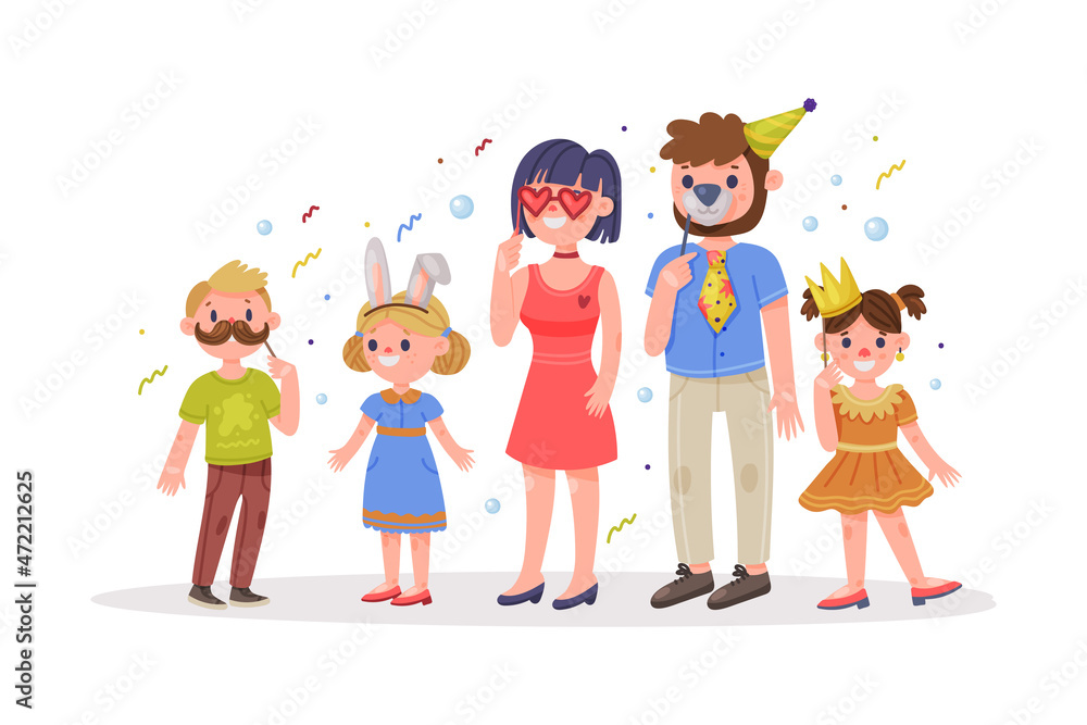 Family with Kids Wearing Party Birthday Photo Booth Props Standing and Smiling Vector Illustration Family with Kids Wearing Party Birthday Photo Booth Props Standing and Smiling Vector Illustration