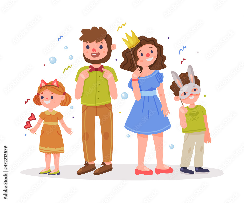 Family with Kids Wearing Party Birthday Photo Booth Props Standing and Smiling Vector Illustration Family with Kids Wearing Party Birthday Photo Booth Props Standing and Smiling Vector Illustration