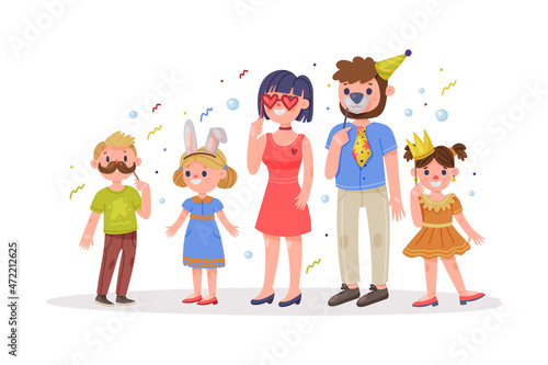 Family with Kids Wearing Party Birthday Photo Booth Props Standing and Smiling Vector Illustration