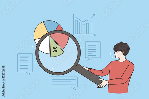 Investigating market share business concept. Young man worker standing holding magnifier and looking percent of market share over statistics vector illustration 