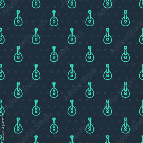 Green line Traditional musical instrument mandolin icon isolated seamless pattern on blue background. Vector