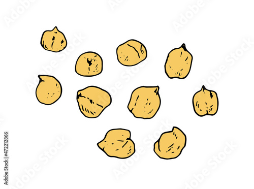 a set of yellow chickpeas. a collection of yellow chickpeas or peas, hand-drawn in a sketch style with a black outline with yellow scattered on white for a packaging design template. seeds of isolated