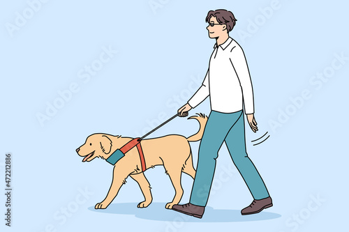 Blind man walk outdoor with guide dog assistance. Professional trained pet puppy help disabled impaired guy on streets. Visual impairment concept. Service animal and people. Vector illustration.