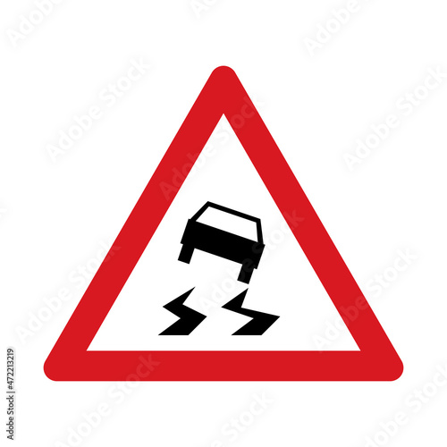 Traffic sign warning for a slippery road surface. Traffic sign isolated on white background. Vector illustration.