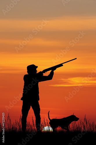 illustration of hunters at sunset