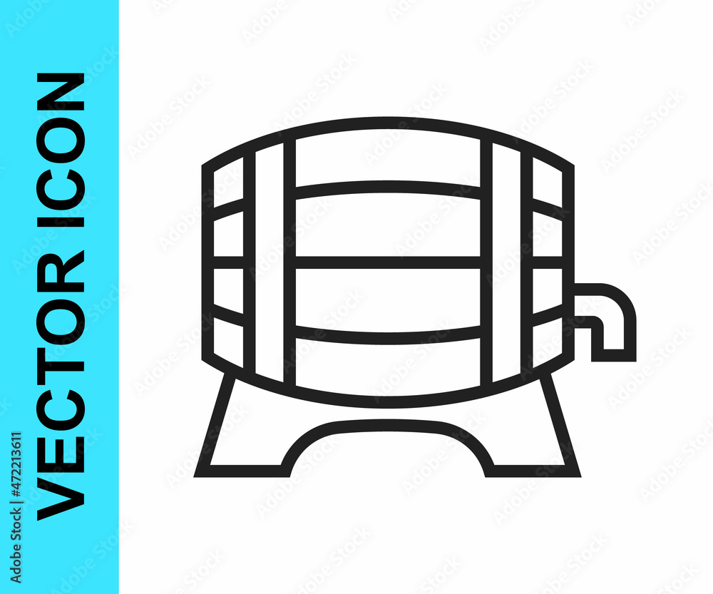 Black line Wooden barrel on rack with stopcock icon isolated on white background. Vector Black line Wooden barrel on rack with stopcock icon isolated on white background. Vector