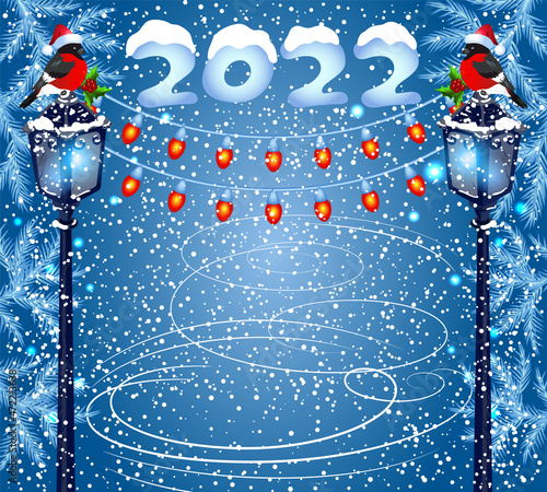 Christmas card with skating rink and bullfinch bird in Santa hat sitting on street lamp lantern with lightbulbs garland against winter snowy background and fir trees.