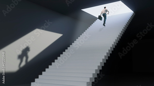 Businessman with briefcase moving up on steps