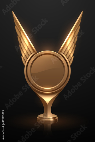 Golden award with wings on black background
