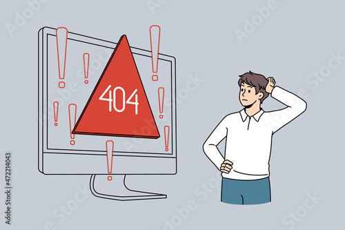 Confused male employee look at computer screen distressed with page not found error on device. Frustrated man stressed with pc malfunction, operational system breakdown. Vector illustration.