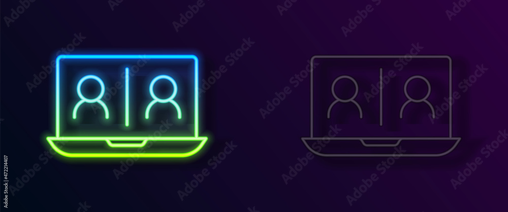 Glowing neon line Video chat conference icon isolated on black background. Online meeting work form home. Remote project management. Vector Glowing neon line Video chat conference icon isolated on black background. Online meeting work form home. Remote project management. Vector