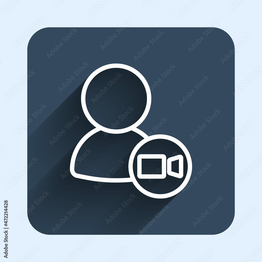 White line Video chat conference icon isolated with long shadow background. Online meeting work form home. Remote project management. Blue square button. Vector White line Video chat conference icon isolated with long shadow background. Online meeting work form home. Remote project management. Blue square button. Vector