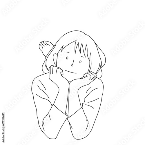 Illustration of a girl resting her face on her hands (white background, vector, cut out)