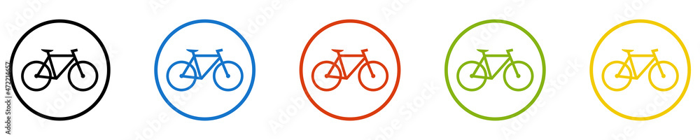 Bunter Banner mit 5 farbigen Icons: Fahrrad, Fahrradfahrer, Radweg, Fahrradweg, Radtour oder Fahrradtour Bunter Banner mit 5 farbigen Icons: Fahrrad, Fahrradfahrer, Radweg, Fahrradweg, Radtour oder Fahrradtour