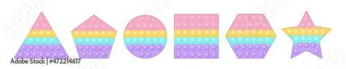 Set of geometric figures popit as a fashionable silicon toys for fidgets. Various shapes for education poster in pastel colors. Bubble sensory developing pop it toy for kids. Vector illustration