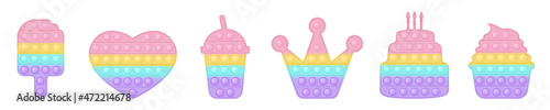 Set of birthday forms pop it a fashionable pastel rainbow fidget toys. Addictive anti stress toy in pastel colors. Bubble sensory trendy popit for kids. Vector illustration isolated on a white