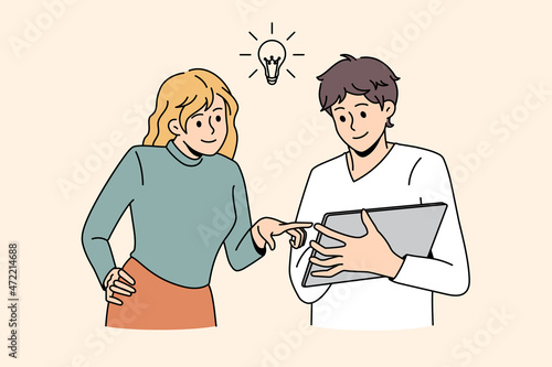 Motivated diverse employees use tablet brainstorm develop business strategy or plan together. Smiling man and woman generate business idea online on pad. Teamwork concept. Vector illustration.