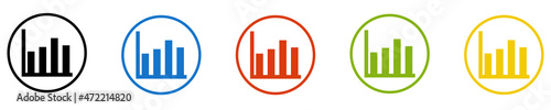 Bunter Banner mit 5 farbigen Icons: Diagramm, Statistik, Auswertung, Bilanz oder Säulendiagramm nit Daten
