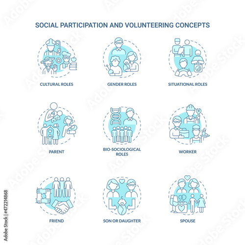 Social participation and volunteering blue concept icons set. Different roles for people in community idea thin line color illustrations. Vector isolated outline drawings. Editable stroke