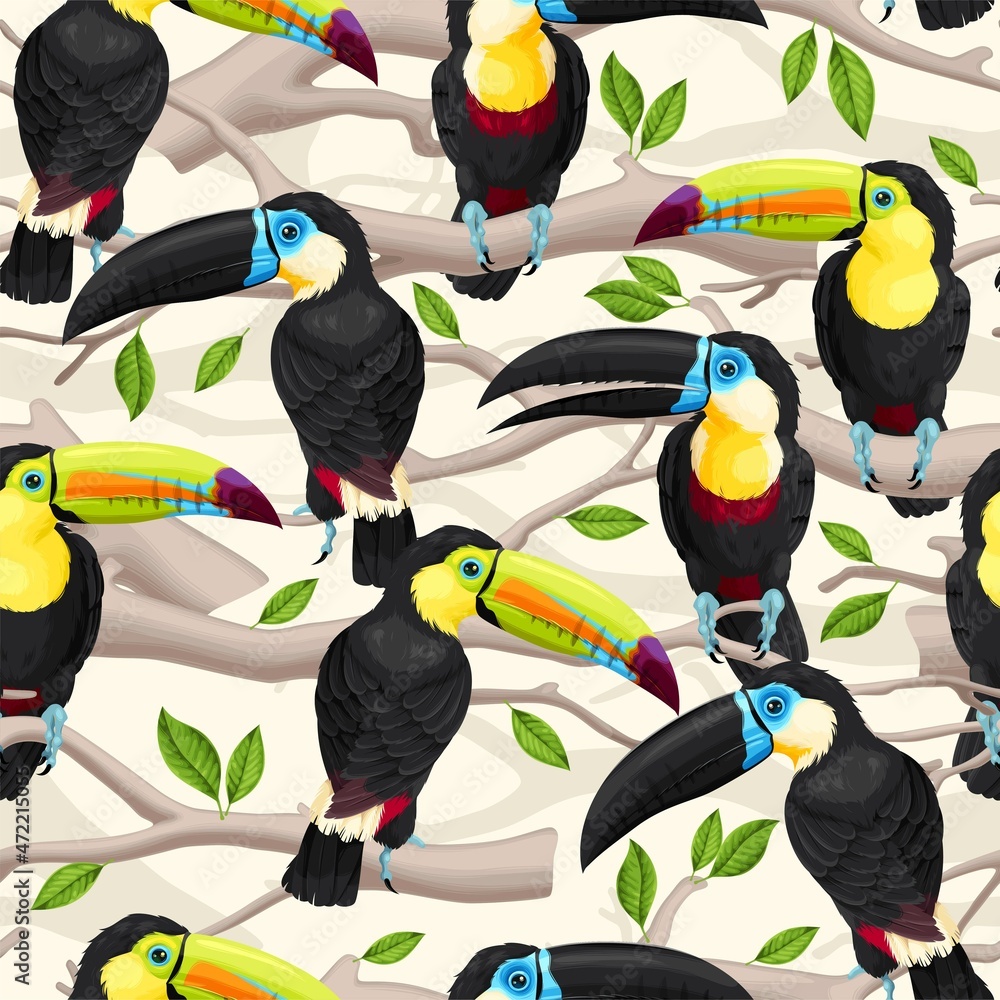 Fototapeta premium Seamless pattern with toucans and tree branches