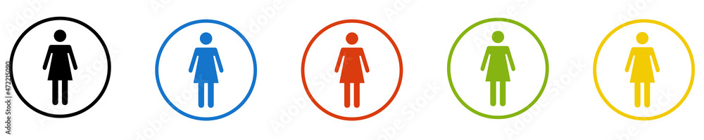 Bunter Banner mit 5 farbigen Icons: Frau, weibliche Person, Mensch oder Toilette für Damen Bunter Banner mit 5 farbigen Icons: Frau, weibliche Person, Mensch oder Toilette für Damen
