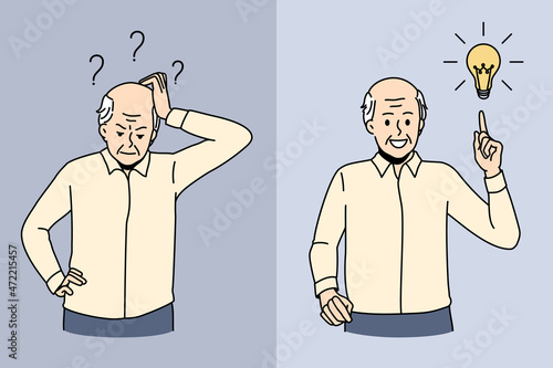 Elderly man having mood swings suffer from Alzheimer disease. Old grey-haired grandfather struggle with mental illness, memory loss in maturity. Elder healthcare concept. Vector illustration.