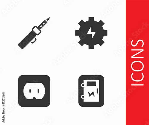 Set Electrical panel, Soldering iron, outlet and Gear and lightning icon. Vector