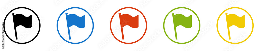 Bunter Banner mit 5 farbigen Icons: Fahne, Flagge, Zielflagge oder Fähnchen Bunter Banner mit 5 farbigen Icons: Fahne, Flagge, Zielflagge oder Fähnchen