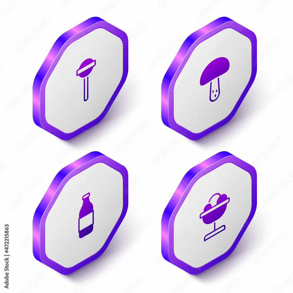 Set Isometric Lollipop, Mushroom, Bottle of wine and Ice cream the bowl icon. Purple hexagon button. Vector Set Isometric Lollipop, Mushroom, Bottle of wine and Ice cream the bowl icon. Purple hexagon button. Vector