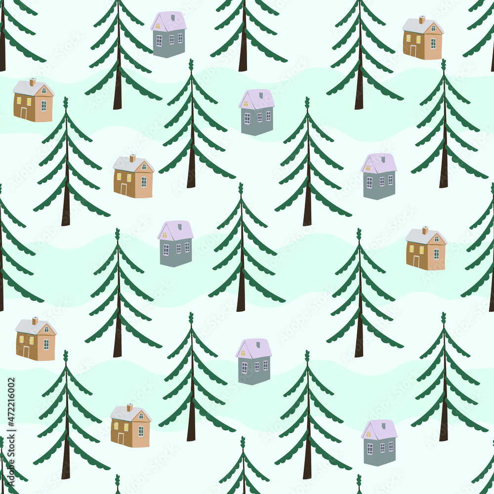 Fototapeta premium Christmas seamless pattern with stylized Christmas trees and houses. Vector.