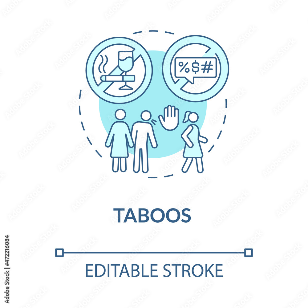 Social taboos blue concept icon. Wrong behavior in community. Person contravel culture rules, traditions abstract idea thin line illustration. Vector isolated outline color drawing. Editable stroke Social taboos blue concept icon. Wrong behavior in community. Person contravel culture rules, traditions abstract idea thin line illustration. Vector isolated outline color drawing. Editable stroke