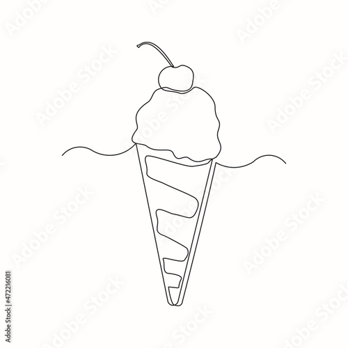 Continuous line drawing delicious fresh of ice cream cone. Single one line art of sweet ice cream gelato desert. Vector illustration