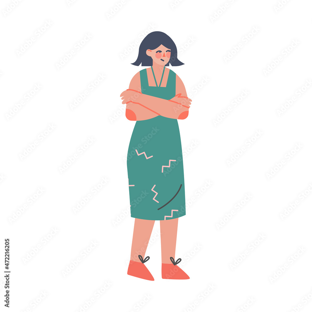 Puzzled Woman Character with Folded Arms Pondering Over the Question Vector Illustration Puzzled Woman Character with Folded Arms Pondering Over the Question Vector Illustration