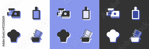 Set Cooking pot and spice, Kitchen meat grinder, Chef hat and Cutting board icon. Vector