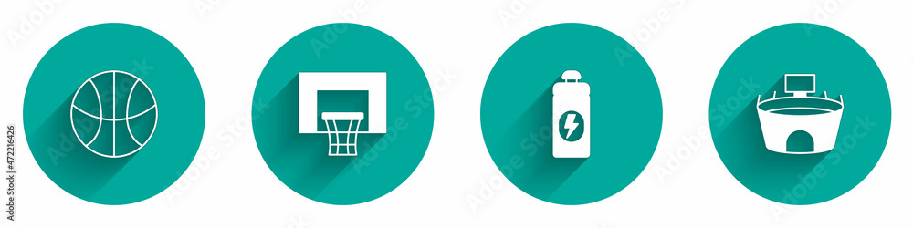 Set Basketball ball, backboard, Fitness shaker and Stadium icon with long shadow. Vector Set Basketball ball, backboard, Fitness shaker and Stadium icon with long shadow. Vector