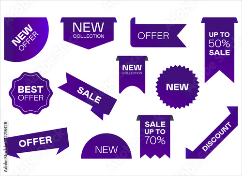 Sales Badges. Different Purple Ribbons. Special Offer Labels. Collection of Discount Stickers Flat Vector Illustration. Promotion Templates and Design Elements Vector. © Sachinda Perera
