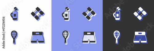 Set Boxing short, Golf bag with clubs, Tennis racket and Dumbbell icon. Vector