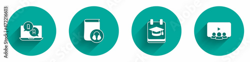 Set Question and Answer, Audio book, Online education and class icon with long shadow. Vector