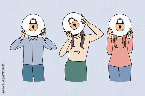 Diverse people in row hold papers with locks painted demonstrate safety and security. Employees or workers show web data protection or information reliability. Cyber privacy. Vector illustration.