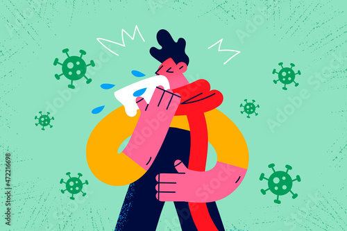 Unhealthy guy blow nose struggle with coronavirus 